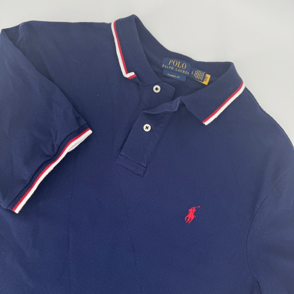 Polo Ralph Lauren Mens Classic Fit Mesh Polo Shirt Navy Blue Tipped Large